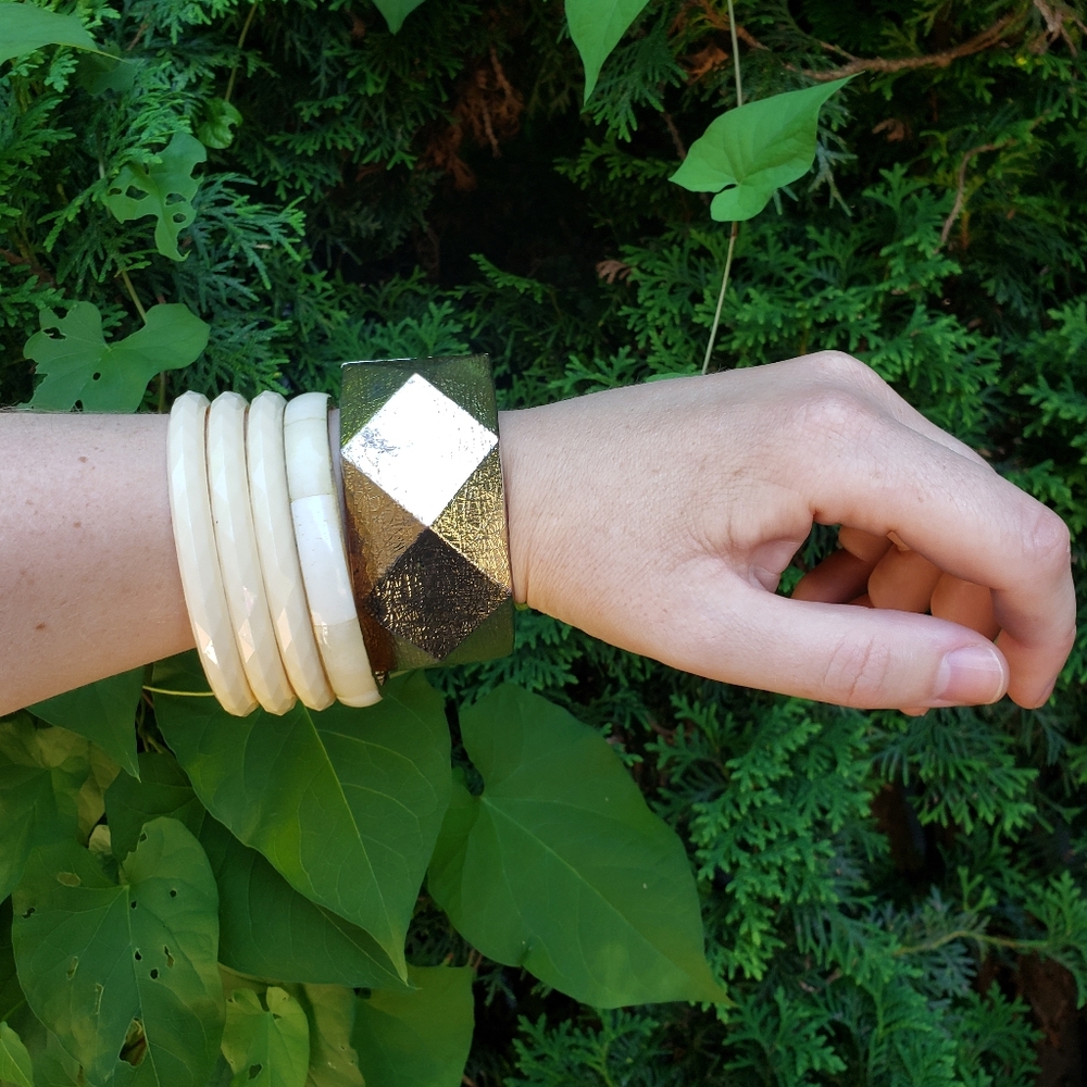 Vintage Lot of Five Cream and Gold Bangles